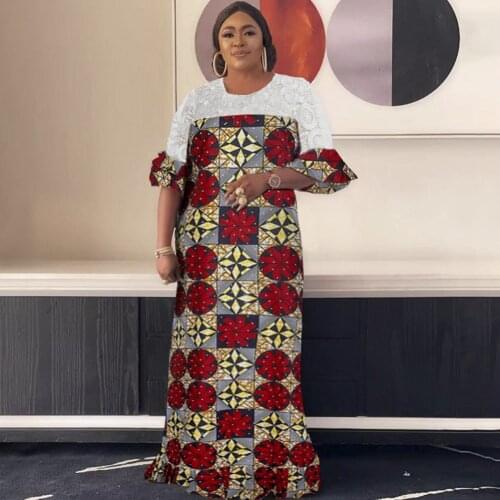 African Dashiki Print Wax Dress Women Lace Maxi Dress Ruffle Sleeve Ankara Kaftan Abaya Plus Size Gown Wedding Party Dresses