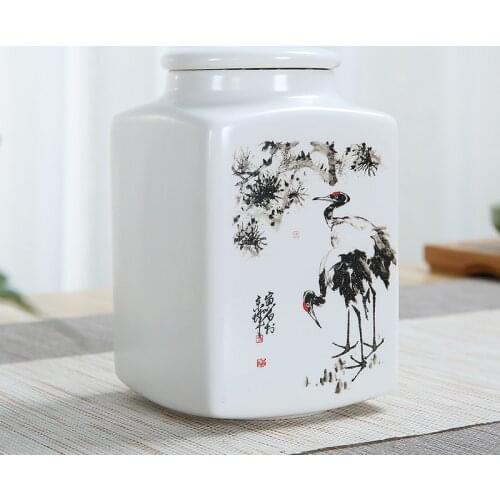 White Porcelain Hand Printed Tea Caddy Candy Storage Tank Food Container Sealed Coffee Sugar Can Ceramic Spice Jar Canister