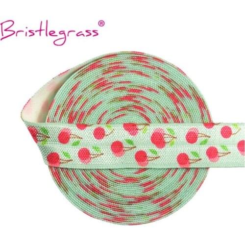BRISTLEGRASS 5 Yard 5/8" 15mm Cherry Print FOE Fold Over Elastic Spandex Satin Band Hair Tie Headband Tutu Dress DIY Sewing Trim