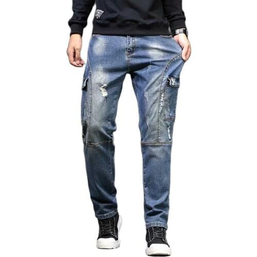 Patchwork Ripped Denim Pants Men Casual Straight Trousers Straight Loose Baggy Streetwear Distressed Jeans Male Clothing