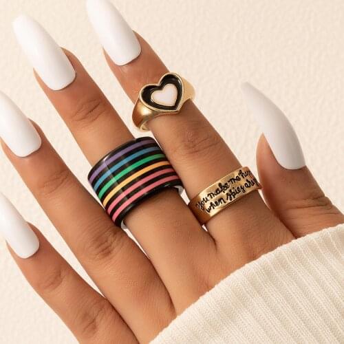 Docona 3pcs/sets New Trendy Colorful Width Rings for Women Men Punk Enamel Heart Letter Wedding Ring Set Jewelry Anillo 19914