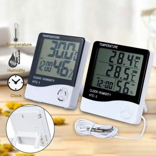HTC-1 HTC-2 LCD Electronic Digital Temperature Humidity Meter Indoor Outdoor Thermometer Hygrometer Weather Station with Clock
