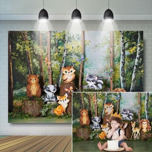Animal Party Kids Birthday Backdrop Forest Bunny Jungle Cake Smash Butterfly Oil Paninting Photography Background Photostudio