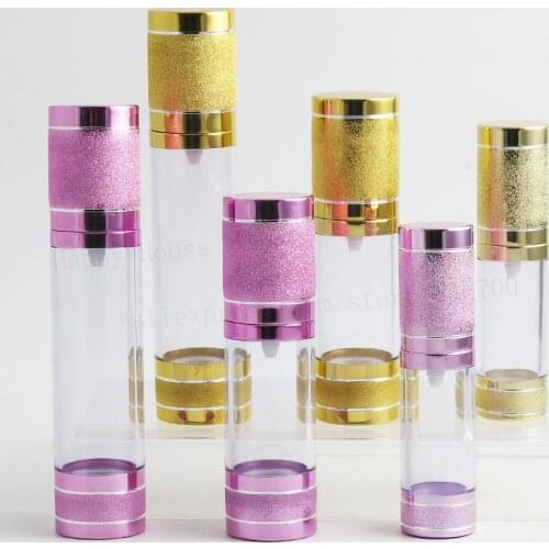 360pcs 15ML 30ML 50ML Cosmetic Vacuum Flask Pump Transparent Bottle Pink Gold Cap for Essential oils Perfume Essence Lotion
