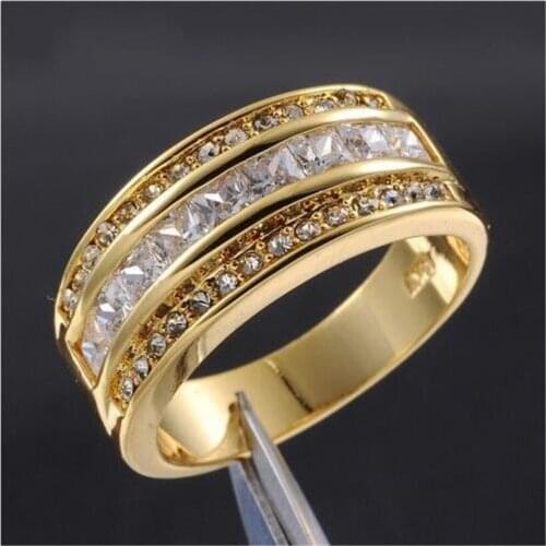 Mens Deluxe 10K Yellow Gold Princess-cut white Diamond Crystal gemstone Band ring Wedding Rings for Men Women jewelry