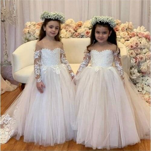 Long Sleeve Illusion Puffy Lace Lovely Flower Girl Dresses For Weddings Graduation Gowns Children Gala Jurken