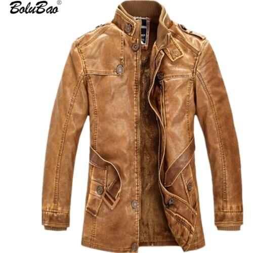 BOLUBAO Men Thicken Leather Suede Jackets Men Fleece Lined Stand Collar Long Coats Motorcycle Casual Slim Male Leather Jacket