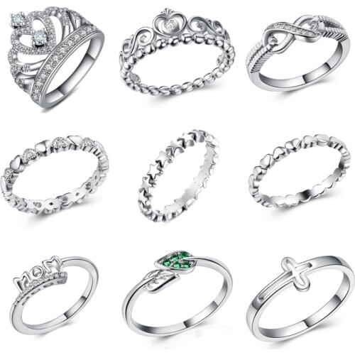 Fashion Crystal Silver Color Ring For Women Flower Love Heart Crown Finger Rings Cocktail Part Brand Ring Jewelry