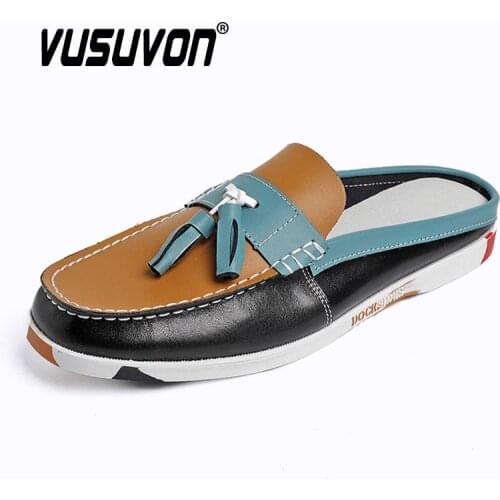 Men Leather Slipper Classic Summer Soft Breathable Beach Garden Roman Sandals Tassel loafers Big Size 39-45 Keep Toe Half Slides