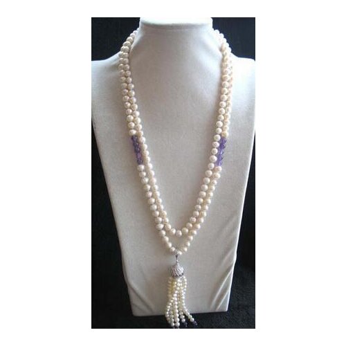 Freshwater 8-9mm pearl white round &amethyst hook pendant necklace 48"