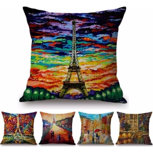 Colorful Eiffel Tower Oil Painting France Paris Hotel Salon Home Decoration Sofa Throw Pillow Case Cotton Linen Cushion Cover