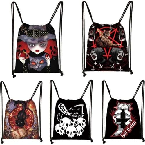 Witch / Fairy / Black Cat Drawstring Bag Women Shopping Bags Canvas Travel Bag Fashion Storage Bags Teenager Girls Backpack