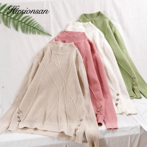 Hirsionsan Button Stripe Irregular Casual Sweater Women Autumn Winter Knit Oversized Warm Pullover Soft O Neck Chic Jumper Pull