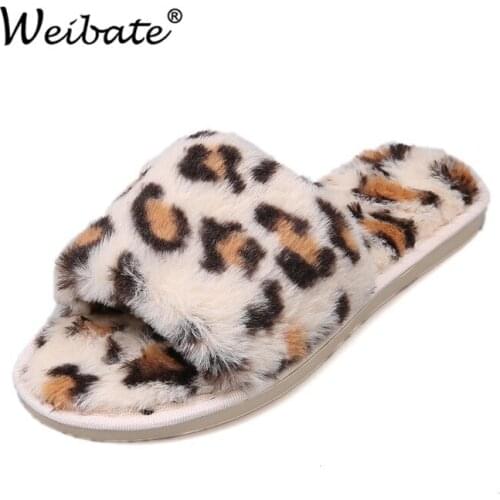 WEIBATE Women Slippers Leopard Print Plush Indoor Slippers Women Shoes Home Cotton Bedroom Shoes Winter Warm Soft Flip Flop