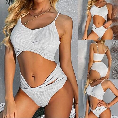 Wrinkled Padded Bikini Women Swimwear Female Swimsuit 2-Pieces Bikini Set White Mid Waist Bathing Suit Swim