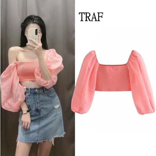TRAF Sexy Blouse Top Women Za 2021 Summer Fashion Organza Stitching Knit Tops Women Clothing Long Sleeve Female Shirts Pullovers