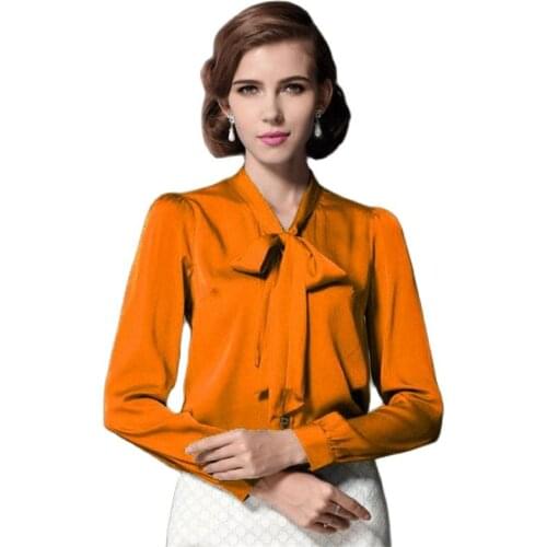 Women Ol Summer Plus Size Full Sleeve 50% Silk Shirt Lady Solid Stand Belt Cardigan Button 50% Silk Blouse woman silk shirts