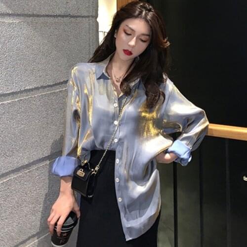 Women Silver shirt Short Sleeve lapel Regular Fit shirts 2020 Ladies Shiny Party spring Loose for Woman