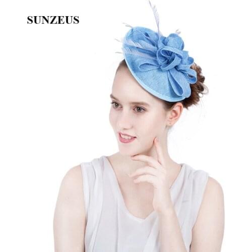 Linen Flowers Bridal Hats 2020 Light Blue Evening Hats for Women Feathers Fascinators with Headband SH70