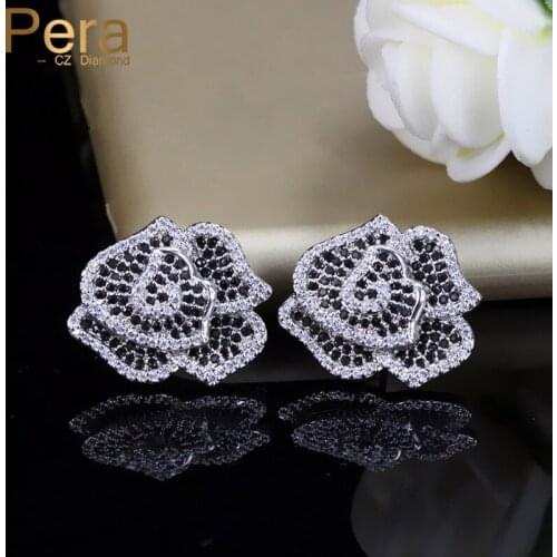 Pera New Sweet Unique Design 925 Sterling Silver Jewelry Black Rose Flower Full Cubic Zirconia Big Stud Earrings for Women E313