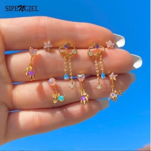 SIPENGJEL Cute Lovely Animals dangle Drop Earrings Red Heart Cz Bear Cartilage Piercing Stud Earrings For Women Jewelry Gifts