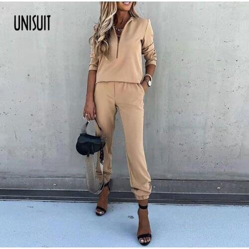 Women Two Piece Set Sweatshirt Fashion Zipper Long Sleeve Solid Top + Casual Pocket Trousers Suits Spring Ladies Solid Outfits