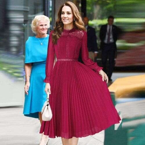 High Quality Runway Designers Dress Women 2021 Autumn Ladies Vintage Elegant Long Sleeve Draped Party Dress Red Black Vestido