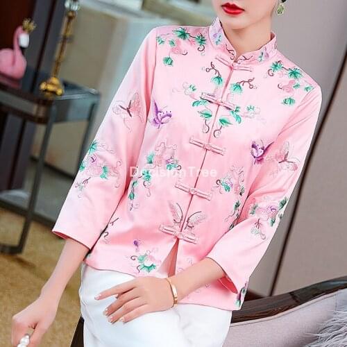 2021 chinese embroidery women clothes chinese shirt blouse hanfu qipao button top satin woman china full sleeve cheongsam tops
