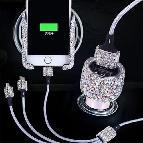 Rhinestones Dual USB Car Charger Bling Bling Handmade Crystal Car Decorations Fast Charging Data Cables Car Decors For iPhone