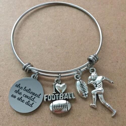 Stainless Steel Football Expandable Bangle I Love Football Inspiration Charms Bracelets for School Football Team Sports Jewelry