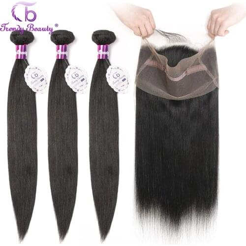 Brazilian Straight Hair 3Bundles With Lace Frontal 360 Frontal Non-remy Natural Black Color 100% Human Hair Trendy Beauty