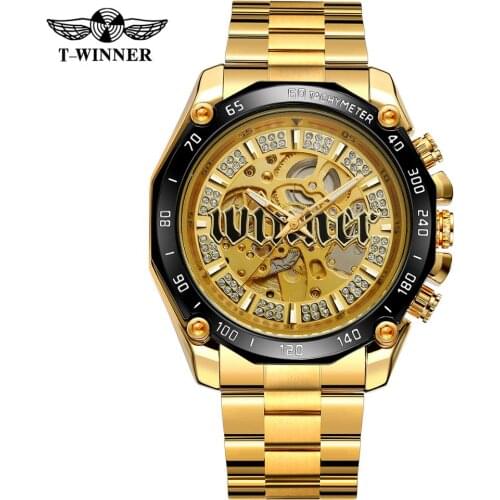 T winner Mens Mechanical Automatic Analog Skeleton with Stones Fashion Wristwatch withe Stainless Steel Bracelet WRG8186M4