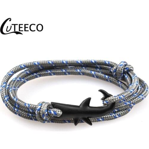 CUTEECO Anchor Bracelets Men Black Shark Hooks Jewelry Male Wrap Sport pulseras shark Bracelets Charm Chain Rope Women Bracelet
