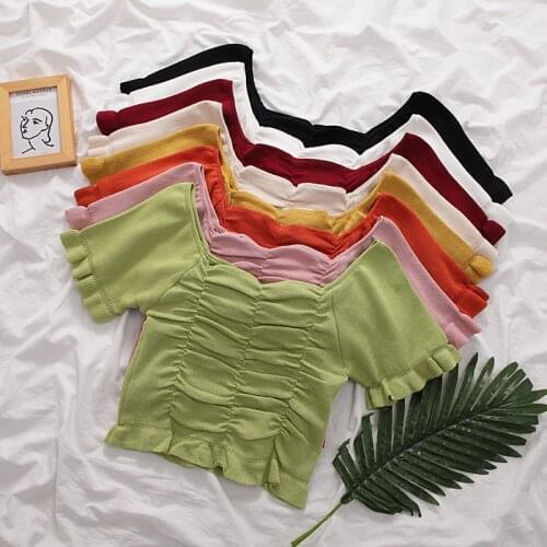 HELIAR T-shirts Women Off Shoulder Pleated Tees Solid Cotton Short Sleeve Tee 2020 Summer Cottons Summer T-Shirts Womem