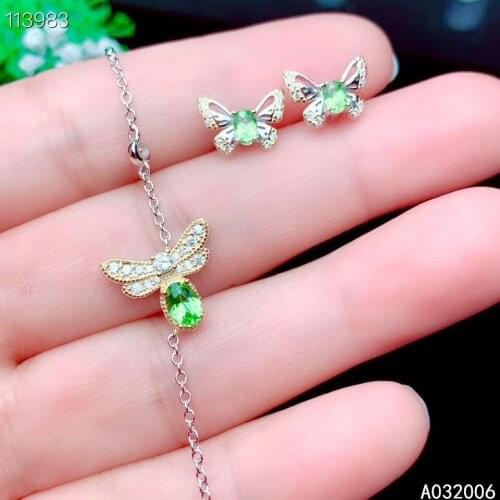 KJJEAXCMY Fine Jewelry 925 Sterling Silver Inlaid Natural Peridot Gemstone luxury earrings hand bracelet Set Support test