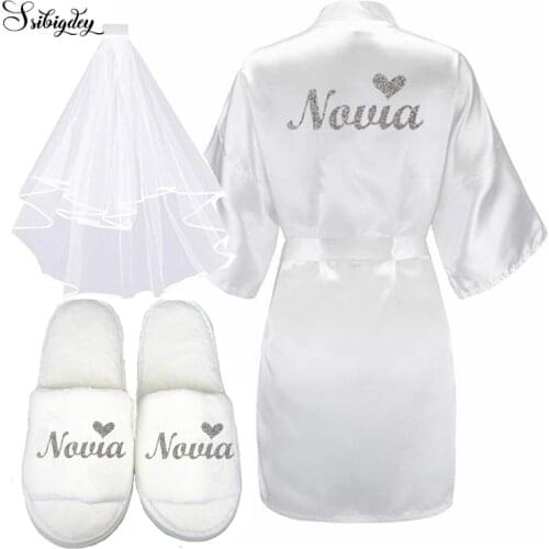 3pc set of glitter silver novia bride short robe slippers bridal veil Espanol spanish gold wrting satin kimono women robe