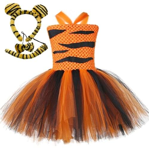 Kids Tiger Cosplay Costume Set Baby Girls Birthday Jungle Party Tutu Dress Children Halloween School Perform Clothes Set