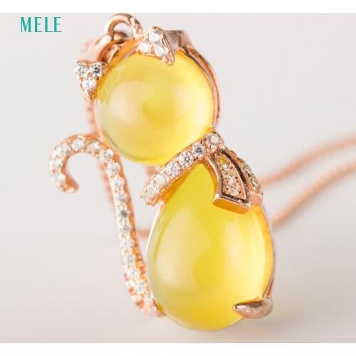 MELE Natural prehnite 925 silver pendant , charming cat shape round 8mm*8mm and pears 8mm*10mm gemstone, lovely and cute