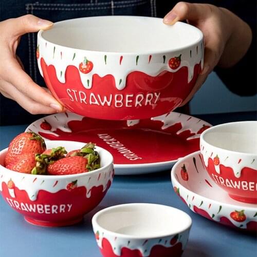 Korean style cute retro strawberry ceramic salad bowl, breakfast fruit dessert bowl, net red noodle bowl