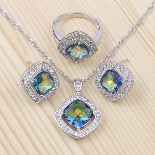 Silver 925 Jewelry Sets For Women Party Accessories Mystic Rainbow Cubic Zirconia Necklace Stud Earring Pendant Ring Set