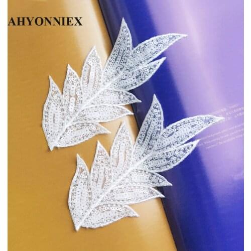 2PCS White Champagne Color Sequins Beaded Leaves Sew On Patches for Clothing Beading Applique for Wedding Dress DIY