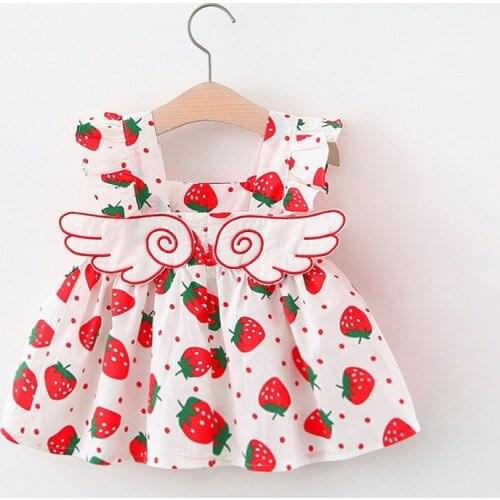 6M-3Y Summer Cotton Toddler Girls Dress Strawberry Infant Baby Knee-Length Pricess Dresses with Cute Wings Skirt Tops Kids