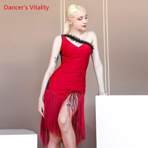 Latin Dance Dress Fashion Oblique Shoulder Fringe Skirt High-end Female Adult Professional Competition Costume Dancing Wear