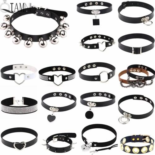 QIAMNI Harajuku Punk Rock Gothic Sexy PU Leather Heart Round Spike Rivet Collar Choker Necklace Body Jewelry Birthday Party Gift