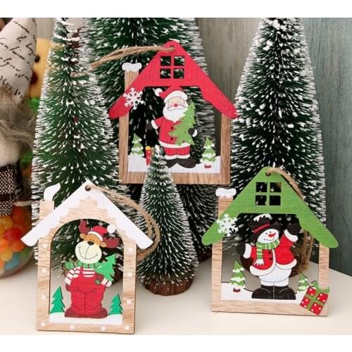 Merry Christmas Ornament Wooden Craft Hollow Christmas Tree Pendant Claus Santa Snowman Elk Pendant New Year Party Home Decor