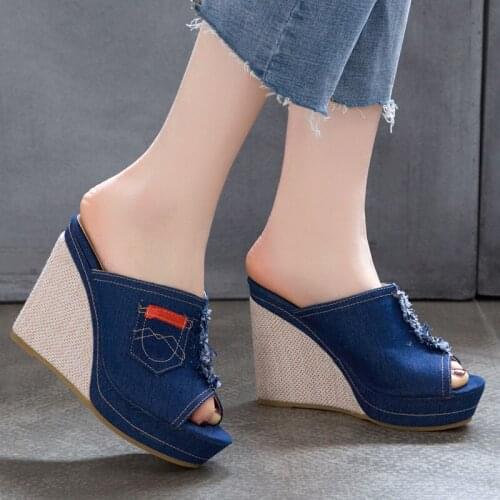 AIWEIYi Womens Sandals Summer Fashion Leisure Open Toe Sandals Thick Bottom Slippers Denim Skin Wedges Shoes Women