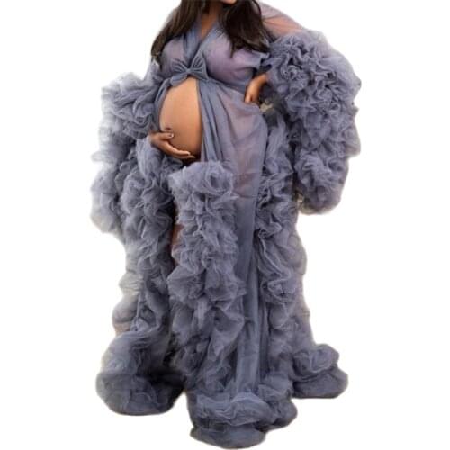 Grey Maternity Dresses for Photoshoot Fluffy Luxury Ruffles Pajamas Party Nightgowns Custom Made Pregnacy Gowns Shoot