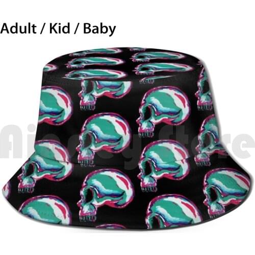 Pop Art Painted Cyan Pink Skull Acrylic Paint Sun Hat Foldable UV Protection Pop Art Pop Cyan Blue Pink Green Skull