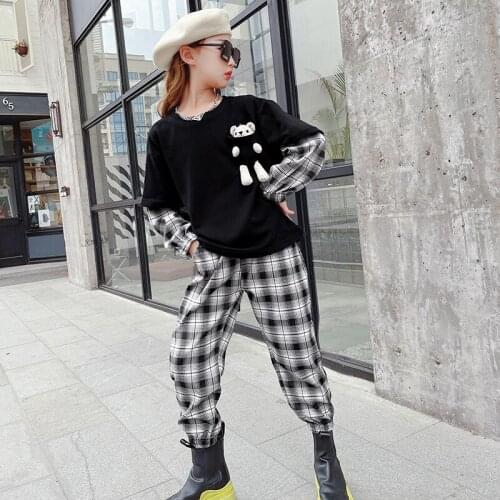 New Kids Clothes Sets Girls Autumn Outfits Teens Long Sleeve Tops+Plaid Pants Children Korean Sports Suits Tracksuit 10 12 14Yrs