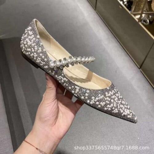 Pearl Slippers Shoes Women Basic 2021 Summer Flock Shiny Rhinestones Pointed Toe Flats Pearl Slippers Fashion Party Women Shoes